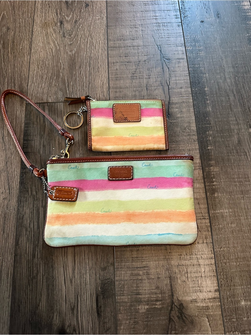 Vintage Coach Hampton Watercolor Stripe Wristlet & Cardholder Keychain